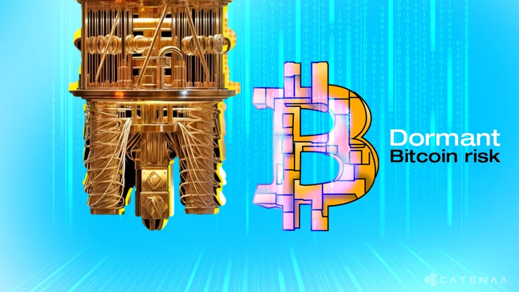 Bitcoin logo with quantum circuit background, symbolizing the looming risk of quantum computing on dormant wallets